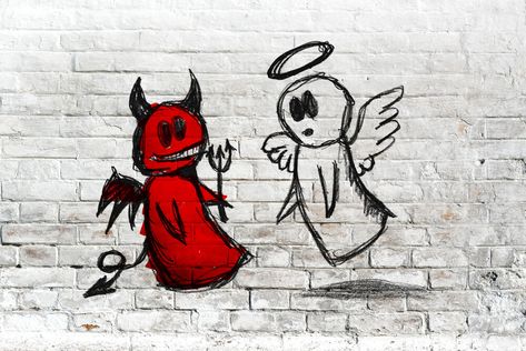 Why did God give Satan power on earth? - Why do bad things happen? Why are we tempted to sin? Why doesn’t God simply send the devil away so we can all live in peace and happiness? It’s an interesting question, and one that … Angel And Devil Drawing, Devil Drawing, 천사와 악마, Devil And Angel, White Brick Wall, Angel Drawing, Ange Demon, Supernatural Beings, White Brick