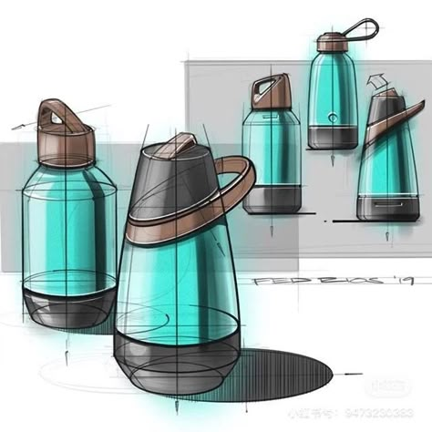 Water Bottle Sketch Industrial Design, Rendered Product Sketches, Cylindrical Objects Sketches, Alcohol Marker Product Sketch, Product Concept Sketch, Marker Rendering Product, Product Design Sketch Concept, Objects In Perspective, Object Sketches