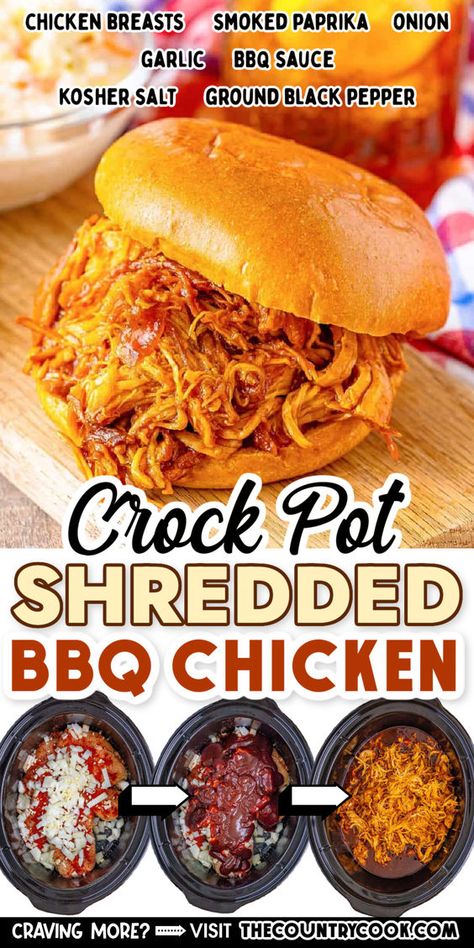 Tender, juicy, and packed with smoky, sweet flavors, Crock Pot BBQ Chicken is the perfect meal to satisfy your cravings without spending hours in the kitchen! Bbq Chicken In Crock Pot, Crock Pot Shredded Bbq Chicken, Best Pulled Chicken Crock Pot Recipes, Crock Pot Barbeque Chicken, Bbq Shredded Chicken Crockpot, Pulled Bbq Chicken Crock Pot, Bbq Chicken Crockpot Easy, Barbeque Chicken Crockpot, Crock Pot Pulled Chicken