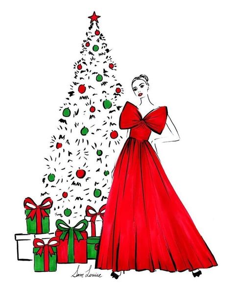 Fashion Christmas Illustration, Christmas Fashion Design, Christmas Dress Drawing, Christmas Girl Drawing, Christmas Fashion Illustration, Edith Head Sketches, Mary Kay Posts, Megan Hess Illustration, Bright Colors Fashion