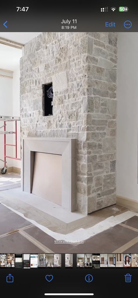 Fireplace With Natural Stone, Red Stone Fireplace Makeover, Modern Rustic Fireplace Stone, Overgrouted Stone Fireplace Farmhouse, Stone Fireplace With Gas Insert, Stone And Stucco Fireplace, Gas Fireplace With Mantel, Curved Stone Fireplace, Pietra Cardosa Countertop