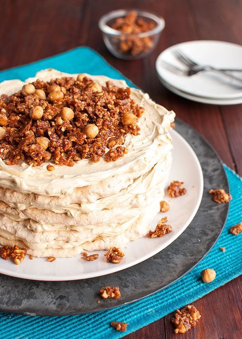 Hazelnut Meringue Layer Cake with French Coffee Buttercream and Caramelized Hazelnut Clusters | http://thetoughcookie.com Caramelized Hazelnut, Meringue Layer Cake, German Buttercream, Hazelnut Meringue, Coffee Buttercream, Meringue Cake, Hazelnut Cake, Coffee Granules, Cereal Bar