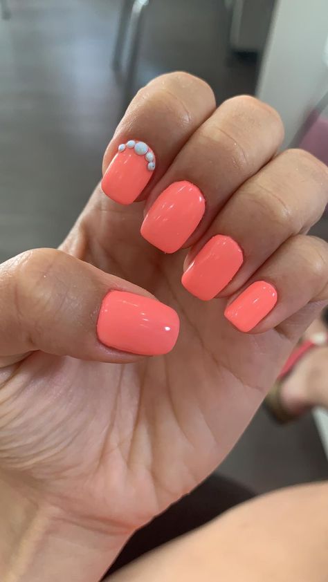 Pinkish Orange Nails, Pinky Orange Nails, Hot Coral Nails, Nails With Pearls, Hawaiian Nails, Pinkish Orange, Coral Nails, Pink Acrylic, Orange Accents