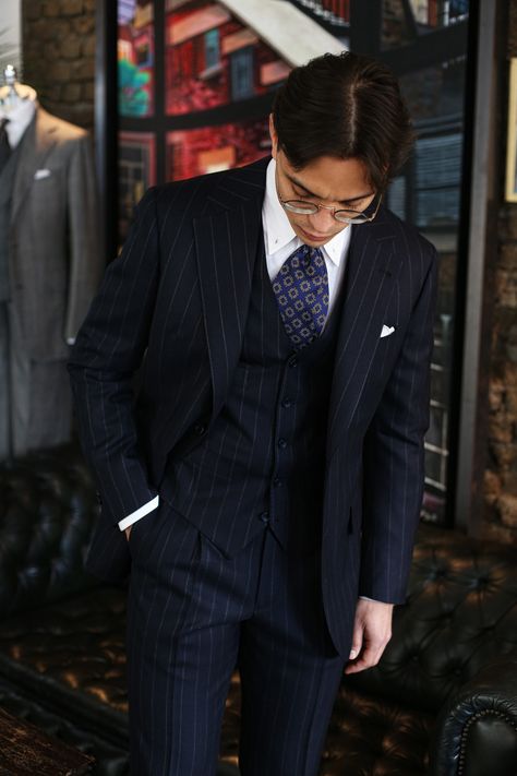 A navy pinstripe three piece suit haven’t been a bad choice for at least 100 years.   Fabric from Dugdale. Tie from E.Marinella... Three Piece Suit Wedding, Three Piece Suit Mens, 3 Piece Suit Men, Blue Pinstripe Suit, Navy Pinstripe Suit, Black Pinstripe Suit, Classy Outfits Men, Classy Suits, New Mens Fashion