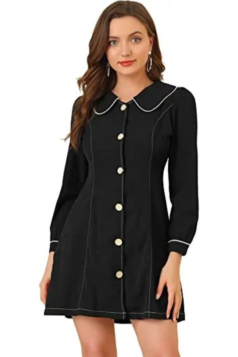 casual outfits, summer outfits, beach outfits, street outfits, vacation outfits, daily wear outfits, fall outfits, weekend outfits, shopping outfits, spring outfits, aesthetic outfits, winter outfits, Dress Construction, Button Front Shirt Dress, Puff Long Sleeves, Shirt Dresses, Long Puff Sleeves, Black Shirt Dress, Button Front Shirt, Dresses Black, Pan Collar