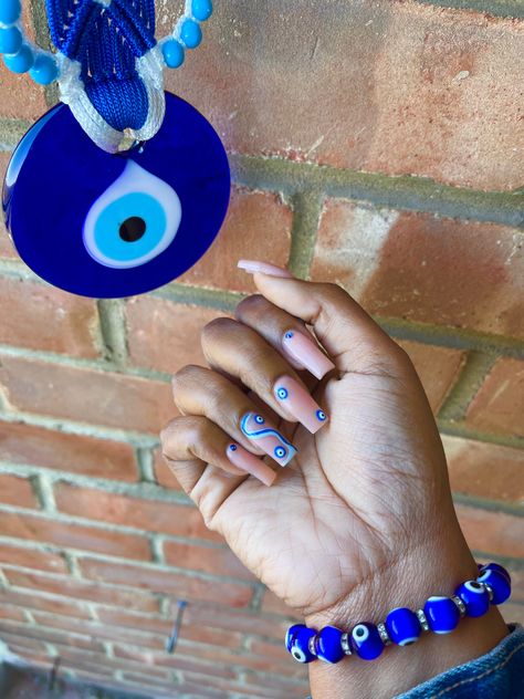 Cyprus Inspired Nails, Greece Evil Eye Nails, Greek Acrylic Nails, Evil Eye Nails Coffin, Nail Ideas Evil Eye, Evil Eye Nails Acrylic, Short Evil Eye Nails, Evil Eye French Tip Nails, Eye Nails Acrylic