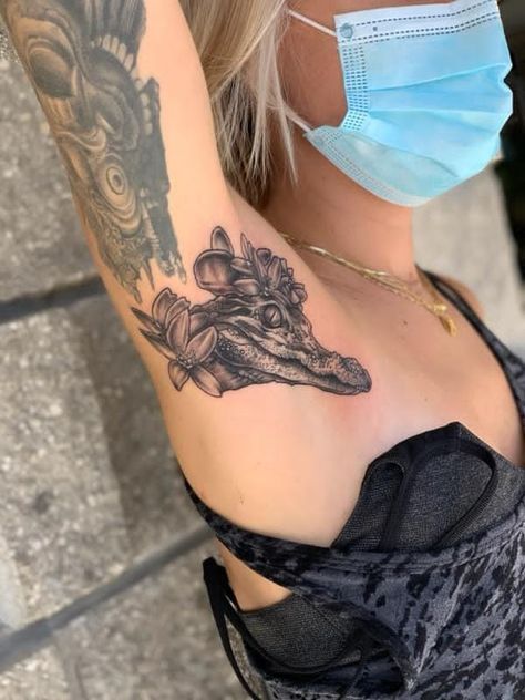 Armpit Piercing, Alligator Tattoo For Women, Gator Skull Tattoo, Alligator Skull Tattoo, Armpit Tattoo Women, Alligator Tattoos, Gator Tattoo, Fine Tattoos, Armpit Tattoo