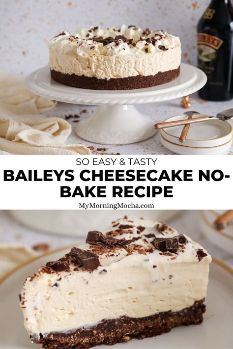 Here's+how+to+make+my+no-bake+Baileys+cheesecake+that's+creamy,+smooth+and+irresistible.+This+recipe+tastes+so+good+and+it's+easy+to+make.+via+@MyMorningMocha Baileys Pie No Bake, Baileys Cheesecake No Bake, Baileys Mini Cheesecakes, Bailey Cheesecake Recipe, Bailey Dessert Recipes, Baileys Dessert Recipes Easy, Baileys Pie, Baileys Dessert Recipes, Easy Cheesecake Recipes No Bake