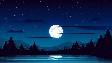 Premium Vector | Moon night landscape vector illustration pine tree night lake Night Lake Illustration, Simple Night Landscape, Night Landscape Illustration, Moon Vector Illustration, Landscape Vector Illustration, About Moon, Wallpapers Pc, Vector Landscape, Night Lake