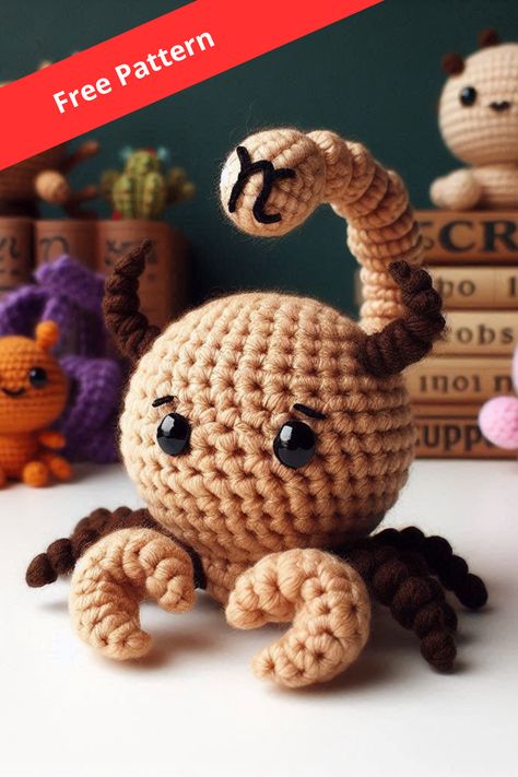 Crochet an Amigurumi Sign of Scorpio with a bold tail and deep colors, embodying Scorpio's mysterious and passionate nature. Perfect for astrology fans. Zodiac Sign Crochet, Scorpio Crochet, Crochet Astrology, Ideas Crochet, Deep Colors, Amigurumi Crochet, Crochet Doll, Free Patterns, Scorpion