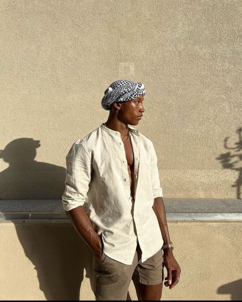 Men’s Desert Outfit, Desert Aesthetic Fashion Men, Turban Outfit Men, Arab Men Outfit, Shemagh Fashion Men, Bohemian Outfits For Men, Vacation Outfits Black Men, Safari Outfit For Men, Desert Outfit Men