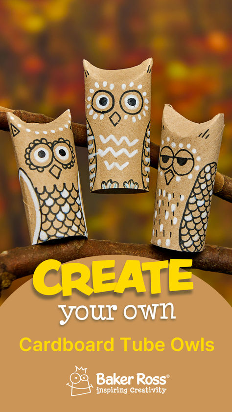 Cardboard Tube Owls. Creating a tube owl craft is a delightful way to reuse your old cardboard tubes. Using black and white pens, you can recycle your cardboard into beautifully detailed owls and let your creativity run wild 🦉.

#upcycling #cardboardtubecrafts #autumncrafts Cardboard Tube Halloween Craft, Cardboard Tubes Crafts, Cardboard Tube Crafts For Kids, Owl Preschool Crafts, Owl Crafts Kids, Cardboard Owl, Marie Core, Owl Preschool, Cardboard Tube Crafts