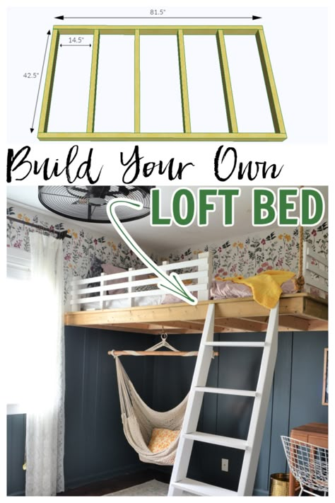 This DIY loft bed is an easy to build bunk bed that hangs from the wall and ceiling. Full tutorial and plans on how to build a loft bed for a kids bedroom. Loft Bed Ideas For Small Rooms, Small Shared Bedroom, 3d Tipografi, Loft Beds For Small Rooms, Build A Loft Bed, A Loft Bed, Diy Loft, Beds For Small Rooms, Mini Couch