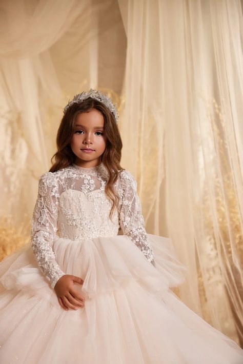 Blossoming Garden of Enchantment: Long-Sleeved Bodice, Pearls, Crystals, and Sequins in a Captivating Design – Marelli Exclusive Long Sleeve Flower Girl Dress, Tiered Tulle Skirt, Girls Communion Dresses, Luxurious Dresses, Exquisite Gowns, Custom Gown, Princess Ball Gowns, Gowns For Girls, Flower Girl Dress