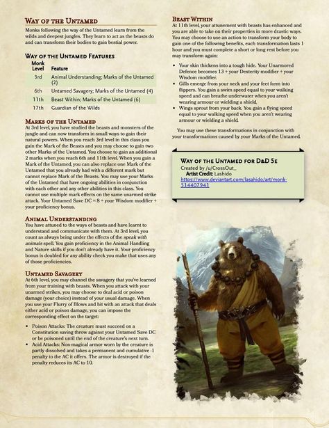 Way of the Untamed v1.2 [5e] - A Monk subclass from the wilds and deepest jungles - UnearthedArcana 5e Classes, Dnd Monk, Dnd Subclasses, Homebrew Classes, Monk Dnd, Dungeons And Dragons Books, Dnd 5, Dnd Homebrew, D D Classes