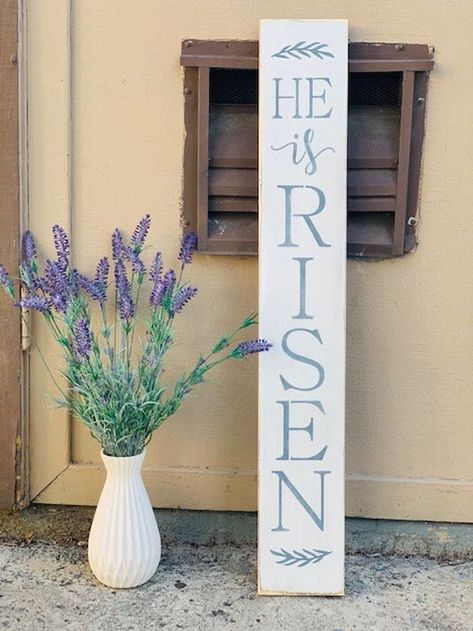 Sign Decor Ideas, Blonde Mom, Easter Porch, Easter Porch Decor, Large Porch, Easter Wood Signs, He Is Risen Easter, Easter Door Decor, Front Porch Signs