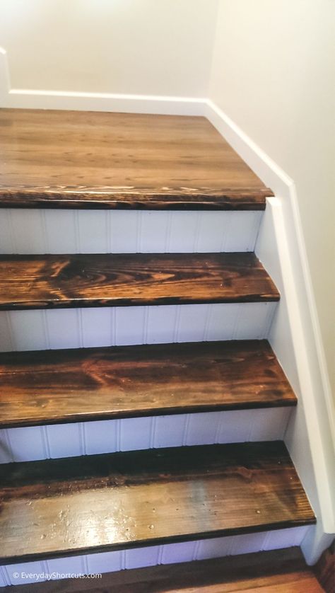 DIY Stairs Makeover: From Carpet to Wood - Everyday Shortcuts Staircase Makeover Carpet To Wood, Redoing Stair Treads, Refinishing Stairs Wood, Carpet Stairs To Wood Transition, Cheap Stair Makeover, Wood Steps Indoor, Downstairs Staircase, Diy Stairs Makeover Cheap, Redoing Stairs