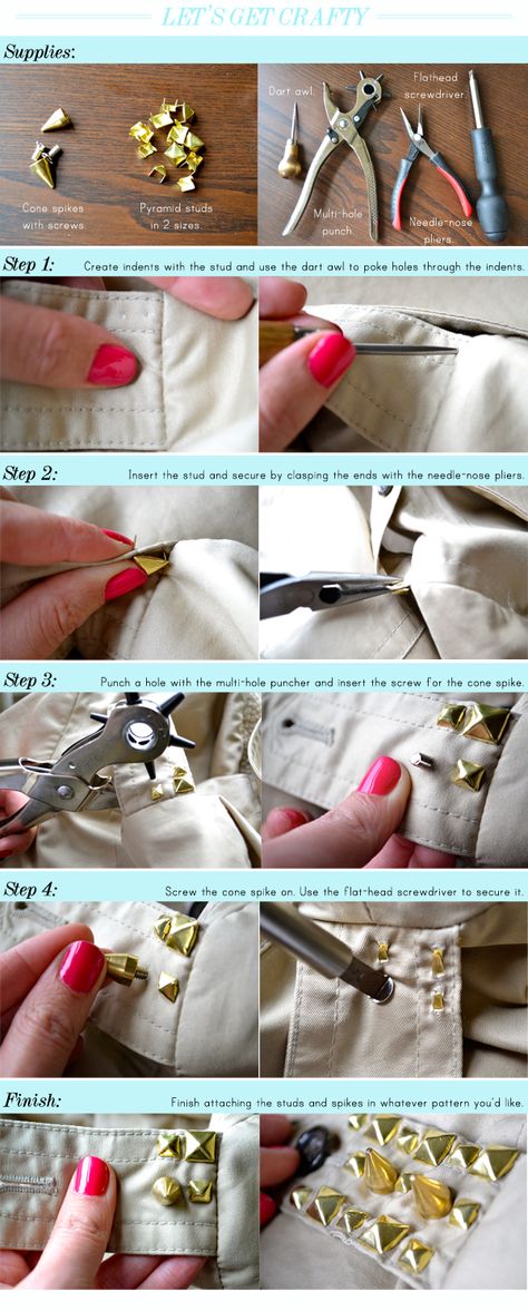 DIY Studded Trench How To Add Spikes To Clothes, How To Put Studs On A Jacket, How To Put Studs On Clothing, Diy Studs On Clothes, Diy Studded Clothes, Diy Studded Jacket, Studs On Clothes, Witches Silhouette, Spiritual Crafts