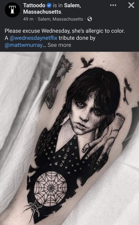 Wednesday Addams Tattoo, Tattoo Nightmares, Scary Tattoos, Spooky Tattoos, Stomach Tattoos, Horror Tattoo, Tattoo Portfolio, Dot Work Tattoo, Dark Tattoo