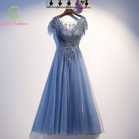 SSYFashion Scoop Neck Lace Up Back Short Sleeves Floor Length Blue Lace Long Dresses Evening Party Formal Gown https://www.aliexpress.com/item/33039865655.html  #eveningdress #formaldress #promdress #partydress #sexydress #dresses #2020 #banquet #partygown Tea Length Formal Dresses, Blue Tulle Prom Dress, Blue Prom Gown, Tulle Long Prom Dress, Tea Length Skirt, Dress With Cap Sleeves, Tulle Evening Dress, Cap Sleeve Dress, Blue Tulle