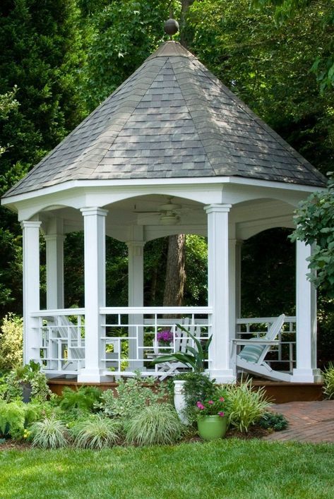 These backyard gazebo ideas are perfect for any kind of lifestyle. These gazebo designs will easily accommodate all your outdoor needs. #backyard #gazebo #gazeboideas #bhg Hexagon Gazebo, Round Gazebo, Enclosed Gazebo, White Gazebo, Gazebo On Deck, Diy Gazebo, Gazebo Roof, Gazebo Ideas, Brick Walkway