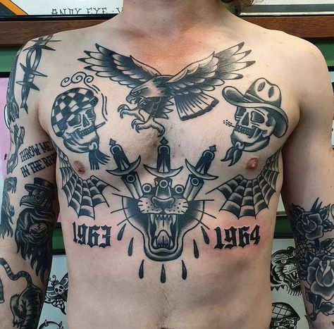 Men’s Tattoos Stomach, Old School Chest Tattoo Men, Old School Tattoo Chest, Traditional Chest Tattoo Men, American Traditional Chest Piece, Old School Back Tattoo, American Traditional Chest Tattoo, Mens Chest Tattoo, Traditional Tattoo Neck