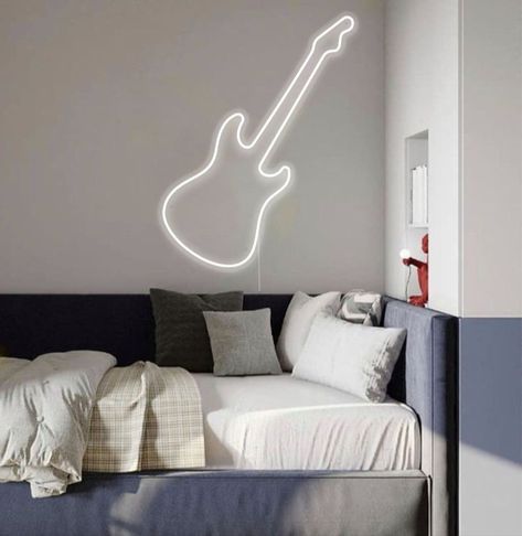 Guitar LED Neon Sign, Music Wall Decor For Home, Customize your color, size, and control your brightness! Guitar Neon Sign, Room Music Studio, Hard Rock Café, Playing Musical Instruments, Music Wall Decor, Rehearsal Room, Peach Walls, Neon Decor, Guitar Wall