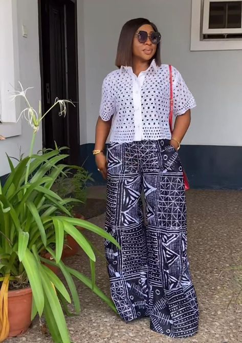 Ankara Pants And Top, Adire Fashion, Palazzo Pants Outfit, Ankara Trousers, Nigerian Lace Styles Dress, Nigerian Lace Styles, African Print Tops, Ankara Tops, African Accessories