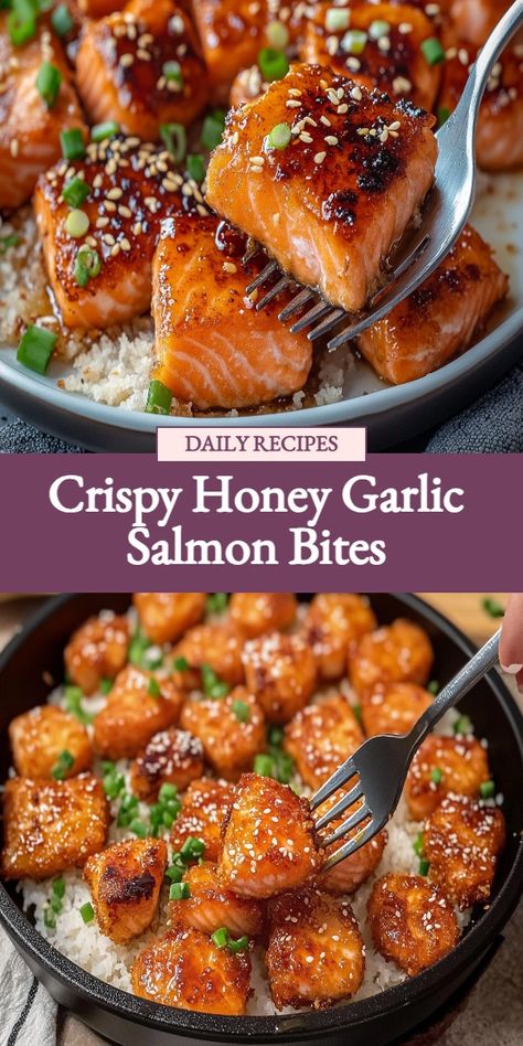 Indulge in these irresistible Crispy Honey Garlic Salmon Bites for a burst of flavor in every bite. Tender salmon pieces are coated in a crunchy, sweet, and savory honey garlic glaze that will have your taste buds dancing. This easy-to-make recipe is perfect for a quick weeknight meal or to impress guests at a dinner party. Try out this delicious dish today and elevate your dining experience to a whole new level! Crunchy Salmon Bites, Honey Garlic Salmon Bites, Garlic Salmon Bites, Crunchy Salmon, Honey Garlic Glaze, Breastfeeding Recipes, New Meal Ideas, Seafood Dish Recipes, Salmon Bites