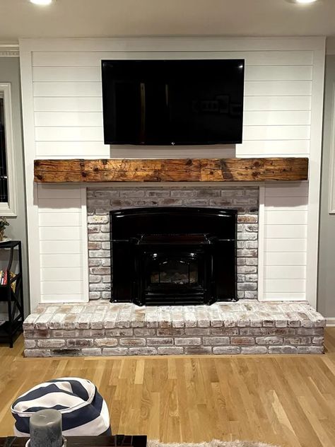 Exposed Red Brick, Brick And Shiplap, Red Brick Fireplace, Beam Mantle, Wood Mantle Fireplace, Farmhouse Fireplace Decor, Red Brick Fireplaces, Installing Shiplap, Gas Insert