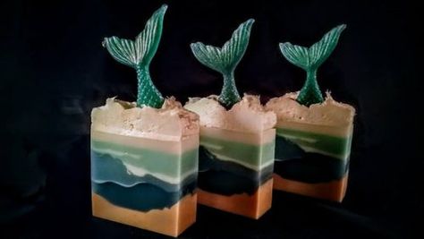 Handmade Mermaid Soap by Harpers Bath time Beach Soap, Mermaid Soap, Diy Soap Bars, Goats Milk Soap Base, Glycerin Soap Base, Soap Tutorial, Swirl Soap, Sugar Scrub Recipe, Homemade Soap Recipes