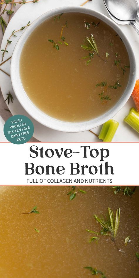 Healing and nourishing bone broth is easy to make in the comfort of your own home! In a few simple steps, you'll have a homemade broth simmering away on the stove, ready to be sipped or stirred into soups. Homemade Broth, Homemade Bone Broth, Top Secret Recipes, Bone Broth Recipe, Soup Broth, Beef Bone Broth, Beef Bones, Broth Recipes, Vegetarian Soup