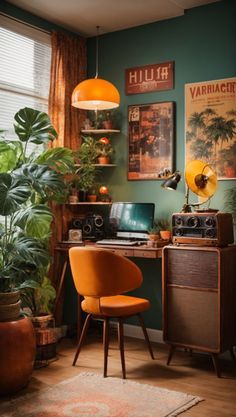 Green And Rust Office, Artsy Office, Orange Office Aesthetic, Green And Orange Office, Green And Orange Apartment Aesthetic, Orange Room Aesthetic Vintage, Home Office Mid Century Modern, Green And Orange 70s Bedroom, 70s Orange Living Room