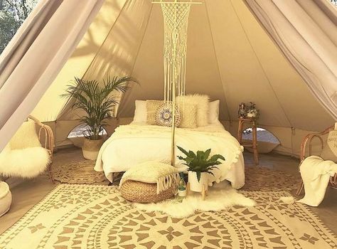 Glamping Interior Design, Yurt Tent Decorating Ideas, Glamping Tent Decor Ideas, Glamping Tent Decor, Boho Glamping Tent, Bell Tent Decor, Glamping Tent Interior Ideas, Yurt Tent Interior, Bell Tent Interior Ideas