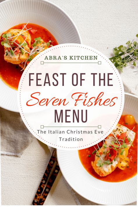 A seven-course menu featuring seafood to celebrate the Italian American tradition of "Feast of the Seven Fishes" Feast Of Seven Fishes Holidays, Seafood First Course, Italian Seven Fish Dinner, Christmas Eve Seafood Dinner Menu Ideas, Soul Food Dinner Plates Fish, Italian Seven Fishes, 7 Fishes Christmas Eve Traditional, Christmas Eve Feast Of The Seven Fishes, Christmas Eve Seafood Recipes