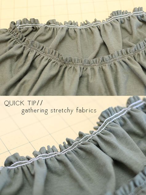 Gathering stretch fabrics using elastic thread Gathering Fabric, Sewing Elastic, Sewing 101, Elastic Thread, Sewing Lessons, Couture Sewing, How To Make Clothes, Sewing Tips, Learn To Sew