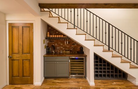 Transitional Transformation - Transitional - Home Bar - Los Angeles - by Meechi Design | Houzz Under The Stair Bar Ideas, Staircase Bar Under Stairs Wine Storage, Rustic Under Stairs Ideas, Basement Wet Bar Under Stairs, Basement Bar Ideas Under Stairs, Under Stairs Bar Ideas Staircases, Under Steps Ideas Basement Stairs, Under Stairs Kitchenette, Dry Bar Under Staircase