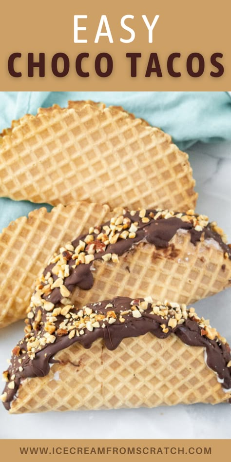 Ice Cream Candy Cake, Choco Tacos Homemade, Ice Cream Taco Recipes, Ice Cream Cone Dessert Ideas, Ice Cream Nachos Dessert, Ice Cream Tacos How To Make, Creative Ice Cream Ideas, Taco Tuesday Dessert Ideas, Mexican Ice Cream Dessert