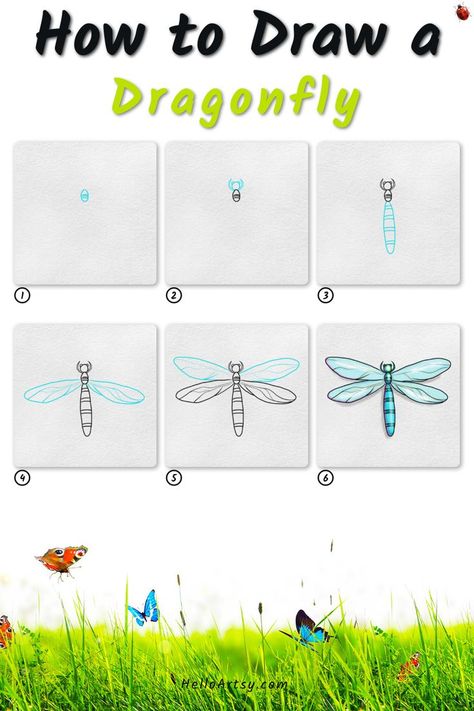 Step by step images teaching kids a how to draw a dragonfly Easy Dragonfly Drawings Simple, Simple Dragon Fly Drawing, How To Draw A Dragonfly Step By Step, How To Draw A Dragonfly Easy, Dragonfly Drawing Tutorial, Bugs Drawing, Dragonfly Drawing, Dragonfly Artwork, Art Classroom Management