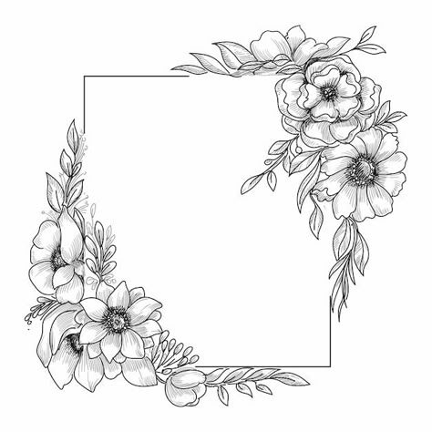 Beautiful wedding floral frame sketch Fr... | Free Vector #Freepik #freevector #flower-frame #vintage-botanical #floral-sketch #flower-bouquet Floral Design Drawing, Framed Tattoo, Flower Line Drawings, Flower Drawing Design, Drawing Frames, Floral Border Design, Anemone Flower, Flower Sketches, Floral Drawing