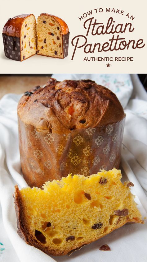 This image details how to make an authentic Italian panettone. It shows a perfectly baked panettone with a caramelized top and a soft, airy slice filled with raisins and candied fruit. The bright yellow crumb hints at the rich ingredients used, making it ideal for holiday festivities. Panatone Bread, Easy Panettone Recipe, Italian Christmas Desserts, Panettone Bread, Italian Panettone, Panettone Recipe, Sweet Potato Cake, Christmas Bread, Homemade Italian