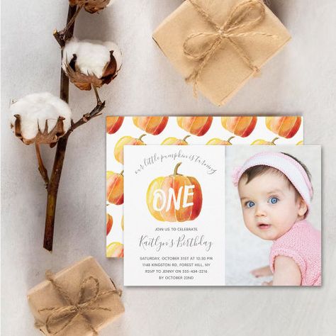 $2.92 | Little Pumpkin 1st Birthday Photo | Thanksgiving Party | fall, pumpkin, autumn, 1st birthday, first birthday, watercolor, halloween, orange and white, turning one, thanksgiving Birthday Watercolor, Pumpkin 1st Birthdays, 1st Birthday Photo, Minimalist Halloween, Halloween Birthday Invitations, Pumpkin Birthday, Photo Birthday Invitations, Birthday Thank You Cards, Pumpkin Autumn