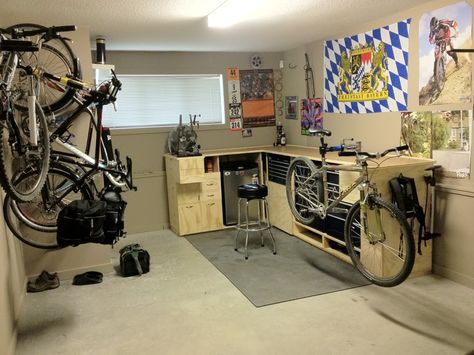 Garage Bike Shop, Bike Cave, Bike Workshop, Bicycle Garage, Bike Repair Stand, Gear Room, Bike Hooks, Garage Bike, Bike Room