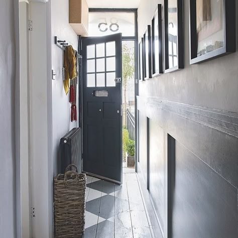 Panelled Corridor, Panelled Hallway, Paint Hallway, Dark Grey Front Door, Terrace Hallway, Long Hallway Ideas, Scandi Hallway, Decorating With White, Narrow Room