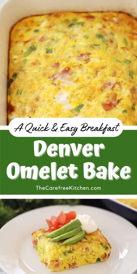 Easy Baked Denver Omelet Breakfast Casserole Recipe - The Carefree Kitchen Western Omelette Bake, Oven Baked Denver Omelet, Western Omelet Casserole Breakfast, Denver Omelet Quiche, Breakfast With Ham And Eggs, Omelet Breakfast Casserole, Baked Egg Omlet Recipes, Oven Denver Omelet, Brunch Recipes Without Eggs