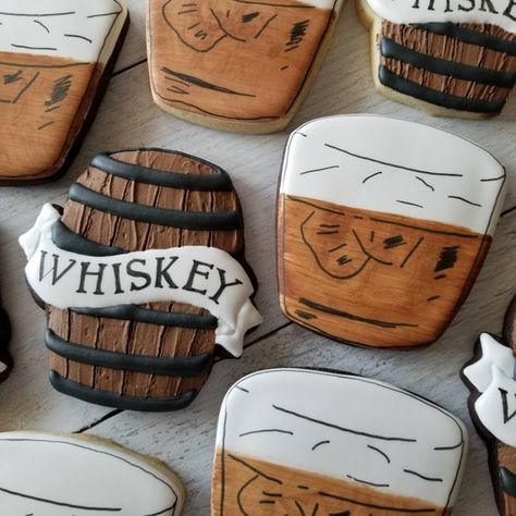 Liquor Cookies, Whiskey Birthday Party Ideas, Birthday Theme For Men, Aged To Perfection Party Theme, Whiskey Theme Party, Bourbon Birthday, Whiskey Cookies, Bourbon Party, Bourbon Cookies