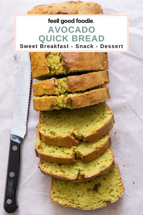 This sweet avocado quick bread is the perfect breakfast, snack and even dessert! The avocado makes this bread moist and gives it a natural green color! Avocado Stuff, Healthy Whole Food Recipes, Feel Good Foodie, Avocado Bread, Quick Bread Recipes, Avocado Recipes, Bread Recipes Homemade, Perfect Breakfast, Quick Bread