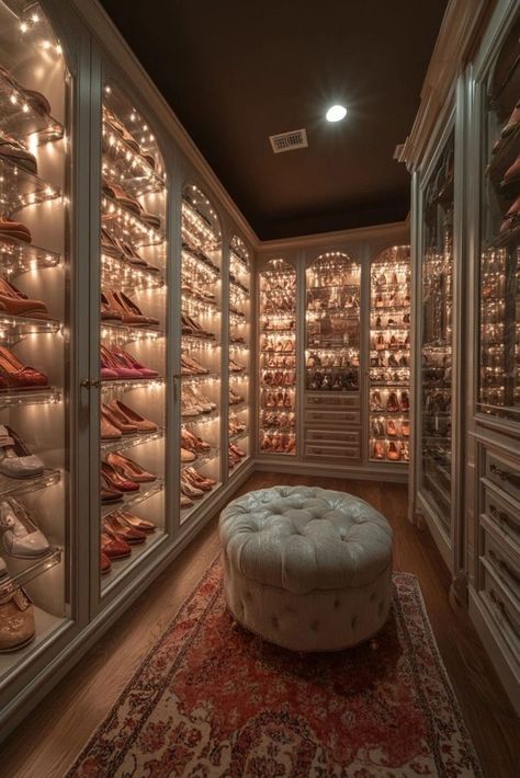 Heels Collection Closet, Closet Glass Doors, Shoe Storage Walk In Closet, Heel Closet, Walk In Closet Luxury, Luxurious Walk In Closet, Walk In Closet Ideas, Glass Shoe, Shoe Room