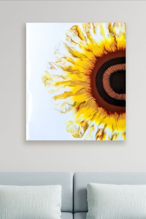 How to pour a perfect sunflower step by step | Dutch pour blow out technique Sunflower Resin Art, Sunflower Pour Painting, Dried Sunflowers, Paper Sunflowers, Sunflower Wall Art, Flow Painting, Resin Art Painting, Flow Arts, Spray Paint Art