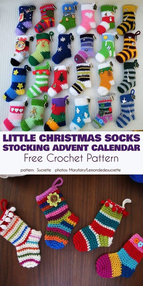 Stocking Advent Calendar Free Crochet Pattern Mini Crochet Stocking Pattern Free, Crochet Free Christmas Patterns, Crochet Mini Christmas Stocking, Stocking Advent Calendar, Advent Calendar Free, Stocking Pattern Free, Crochet Christmas Ornaments Free, Crochet Holiday, Crochet Ornament Patterns